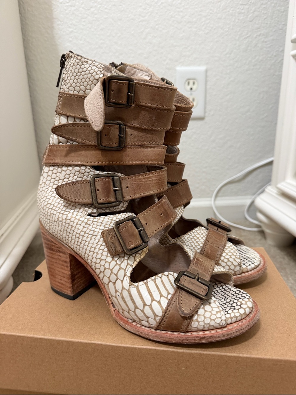 Freebird by Steven Taupe and Cream Strappy Buckle Block Heel Sandal